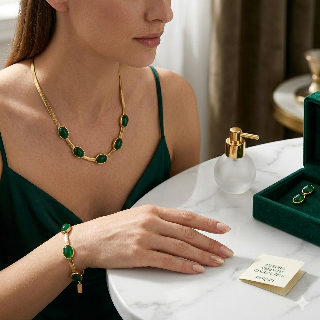 Oval Green Crystal Pendant Necklace Set