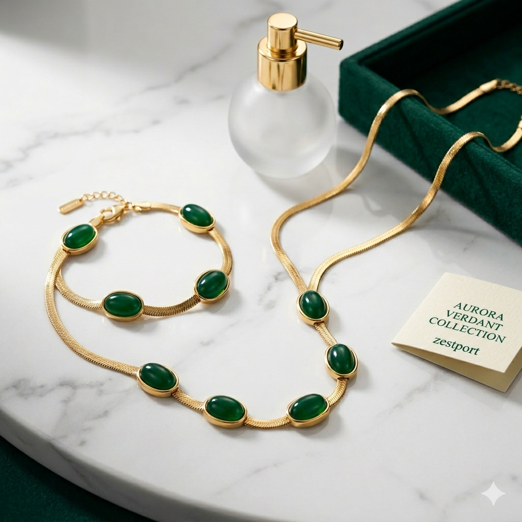 Oval Green Crystal Pendant Necklace Set